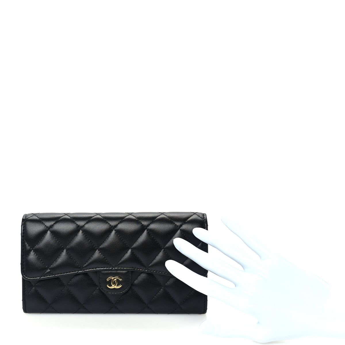 Lambskin Quilted Large Gusset Flap Wallet Black