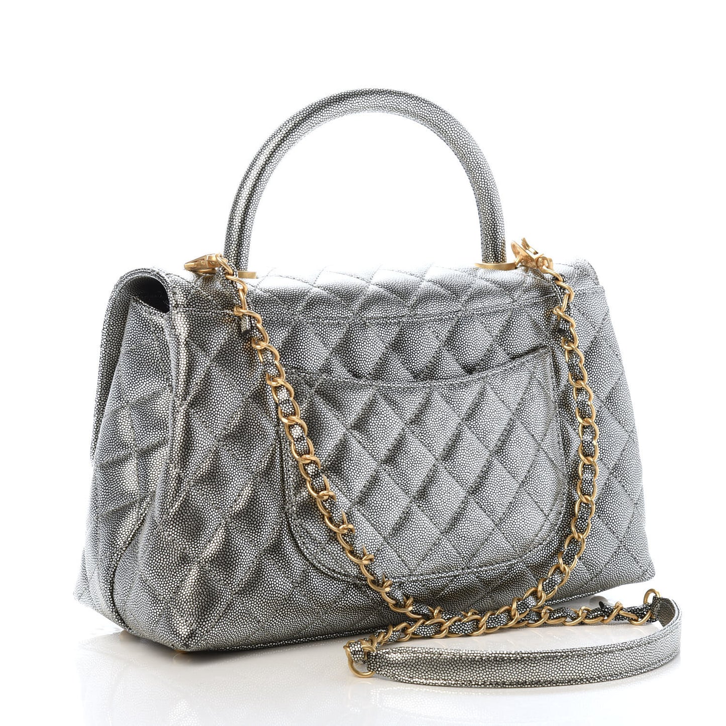Metallic Caviar Quilted Small Coco Handle Flap Silver