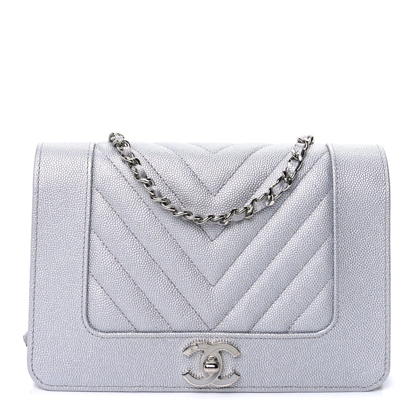 Metallic Caviar Chevron Quilted Vintage Mademoiselle Wallet On Chain WOC Silver