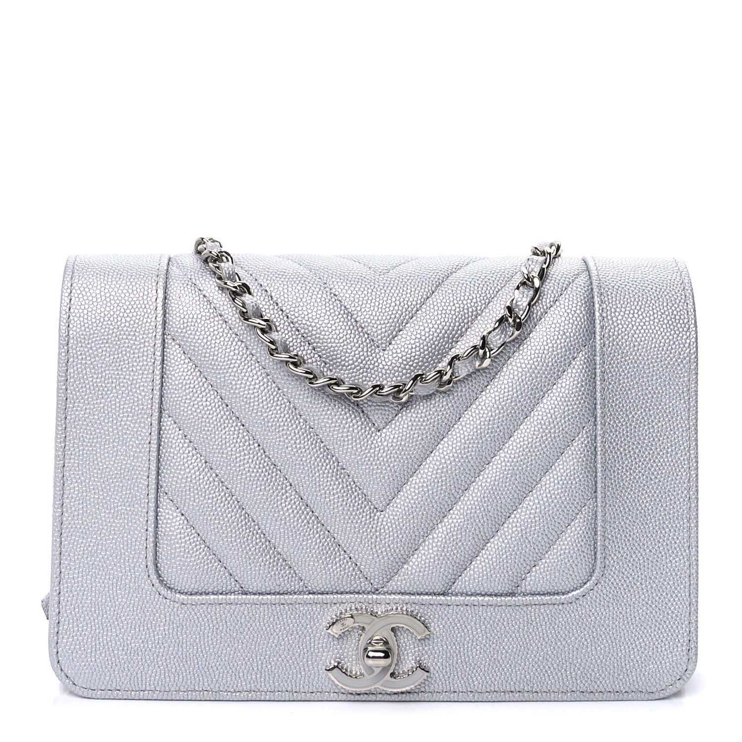 Chanel Metallic Caviar Chevron Quilted Vintage Mademoiselle Wallet On Chain WOC Silver 1 of 8