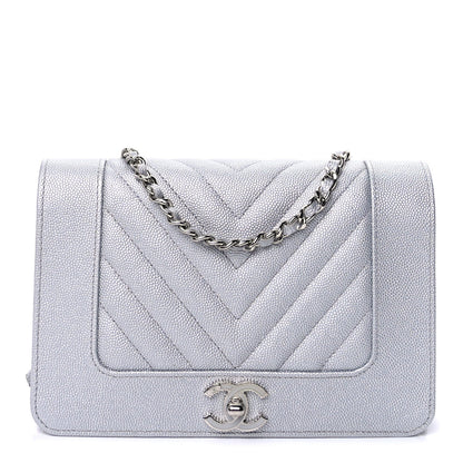 Chanel Metallic Caviar Chevron Quilted Vintage Mademoiselle Wallet On Chain WOC Silver 1 of 8