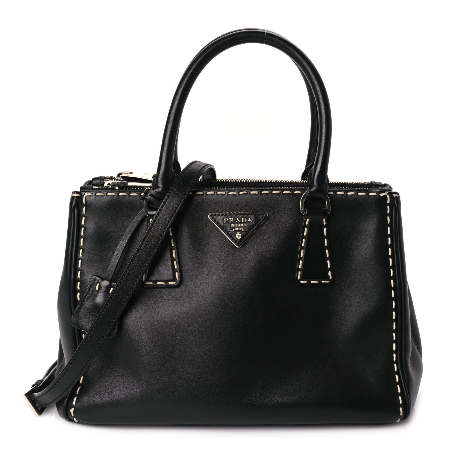 Prada City Calf Small Hand Stitched Galleria Double Zip Tote Black White 1 of 8