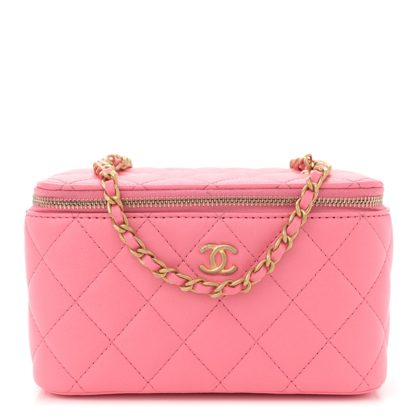 Lambskin Quilted Small Pearl Crush Vanity Case With Chain Pink