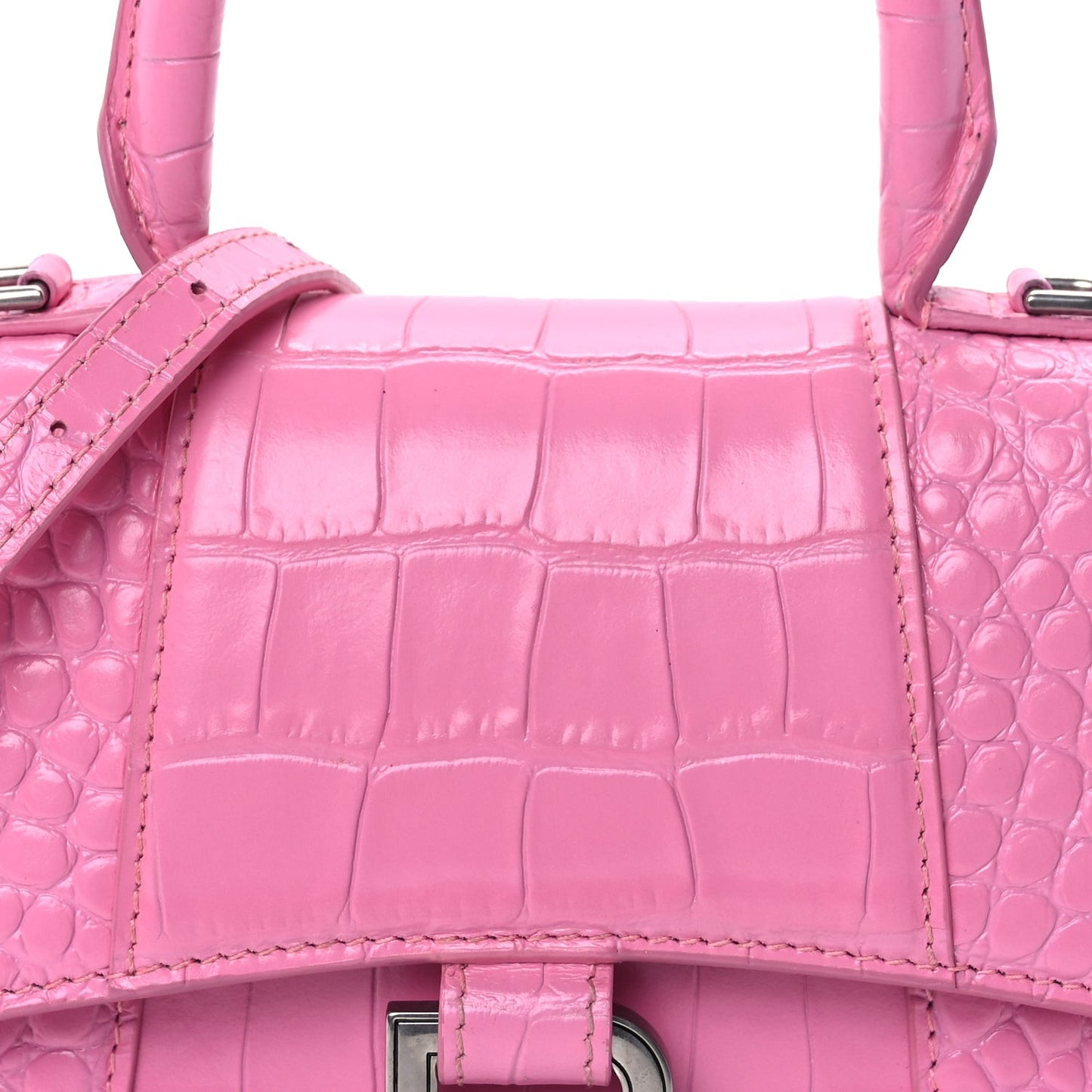 Shiny Calfskin Crocodile Embossed Hourglass Top Handle Bag XS Baby Pink