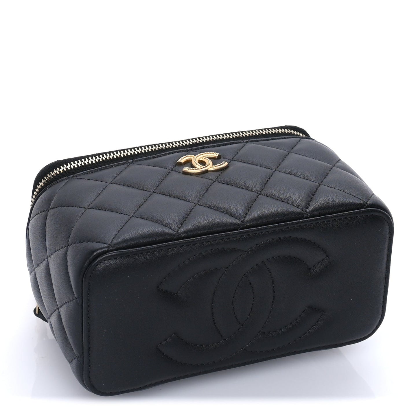 Lambskin Quilted Metal Twist Small Top Handle Vanity Case With Chain  Black