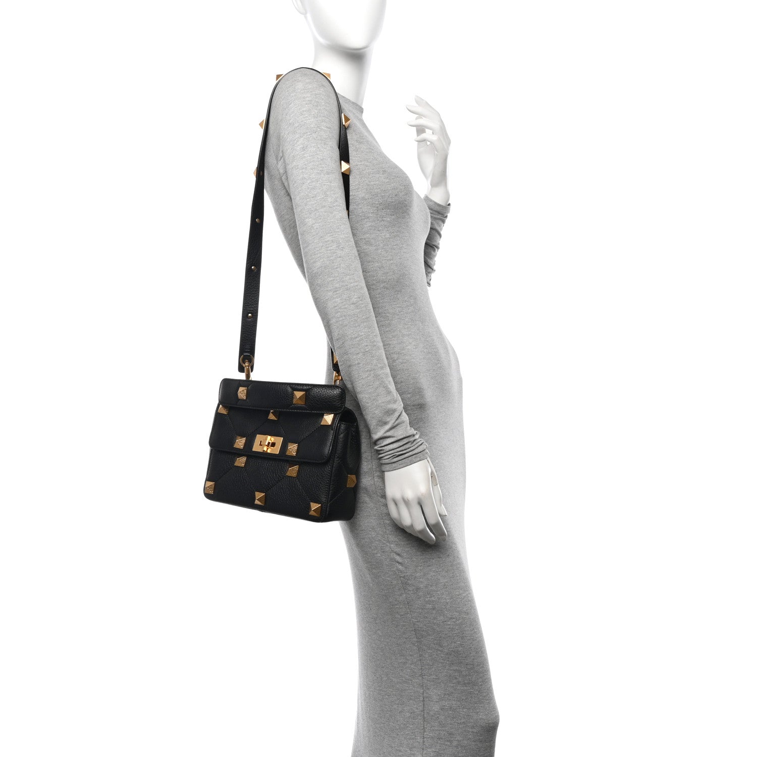 Valentino Garavani Grained Calfskin Medium Roman Stud Shoulder Bag Black 2 of 9