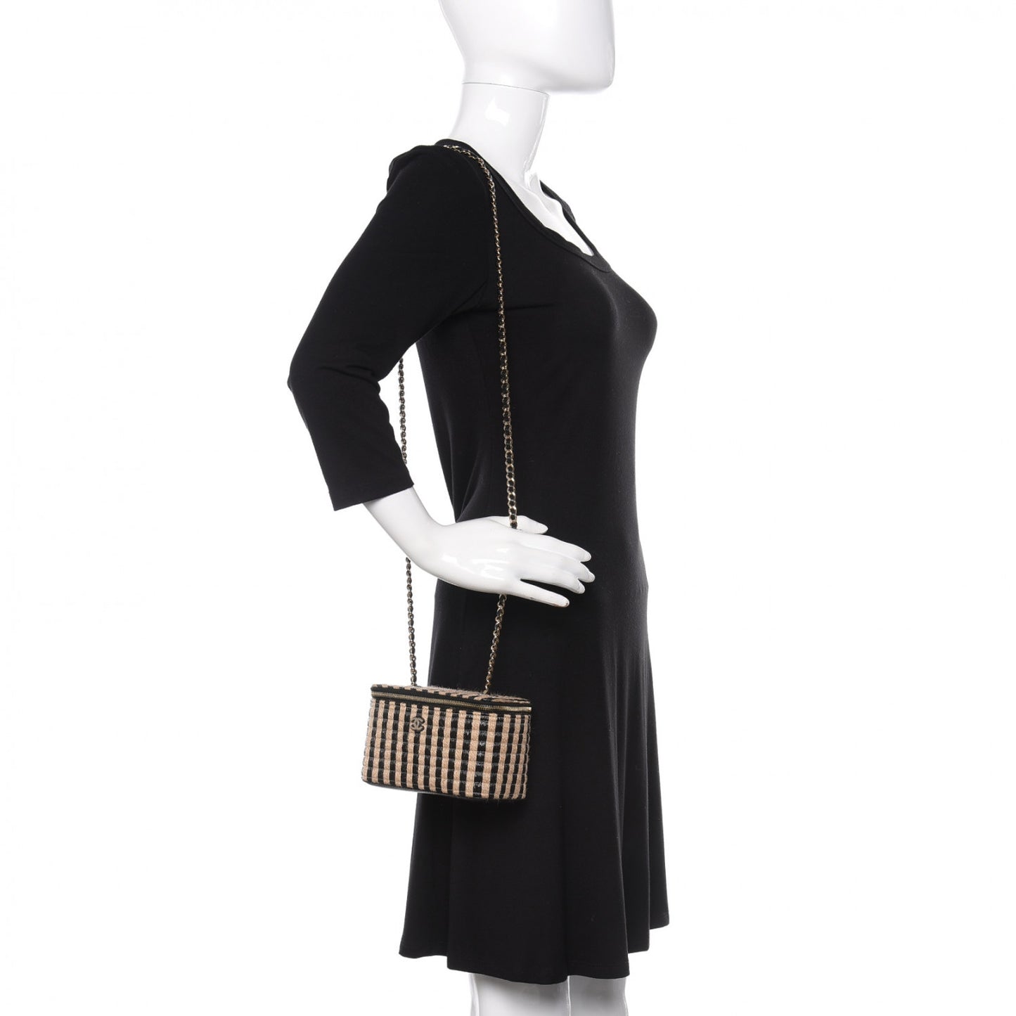 Raffia Jute Striped Small Vanity Case With Chain Black Beige