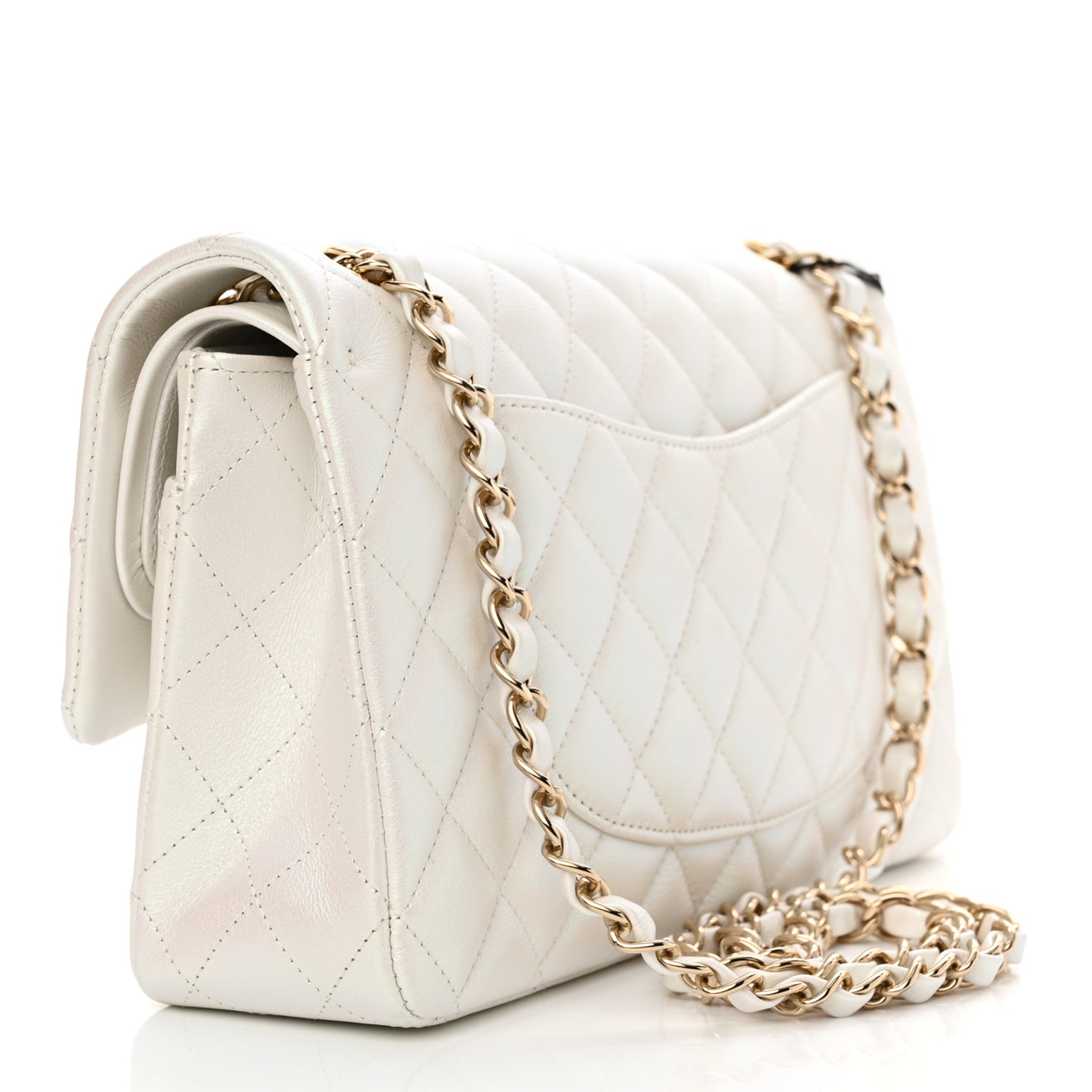 Iridescent Calfskin Quilted Medium Double Flap White