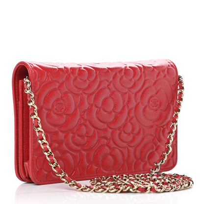 Chanel Caviar Camellia Embossed Wallet On Chain WOC Red 3 of 12