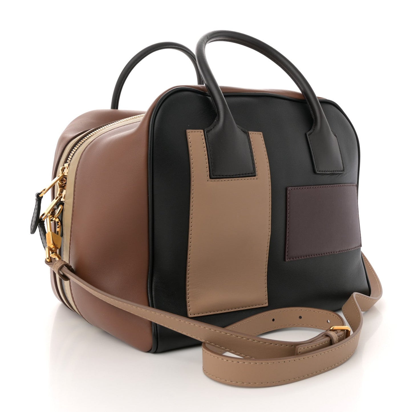 Smooth Calfskin Paneled Medium Cube Bowling Bag Black