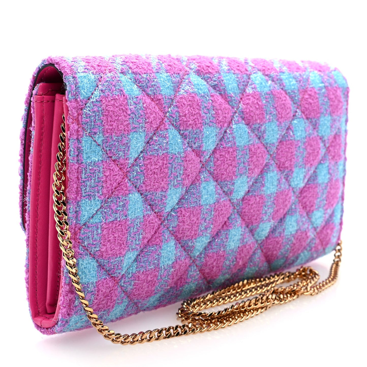 Tweed Quilted Medusa Wallet on Chain Crossbody Pink Blue