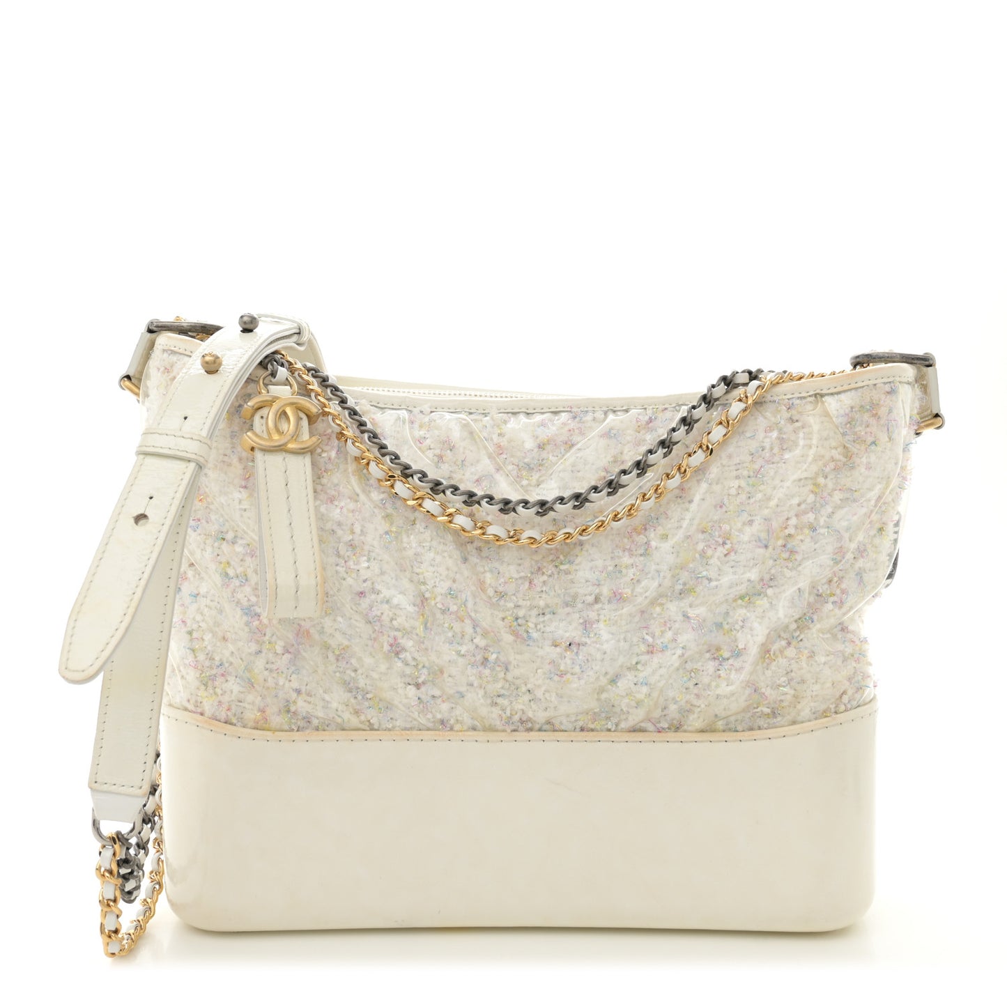 Tweed PVC Patent Chevron Quilted Medium Gabrielle Hobo White