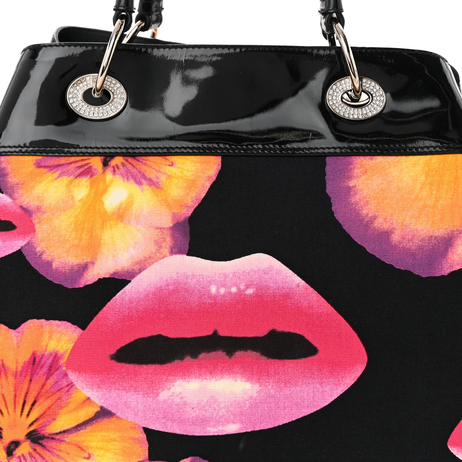 Christian Dior Patent Crystal Embellished Canvas Lips Print Tote Black Multicolor 14 of 26