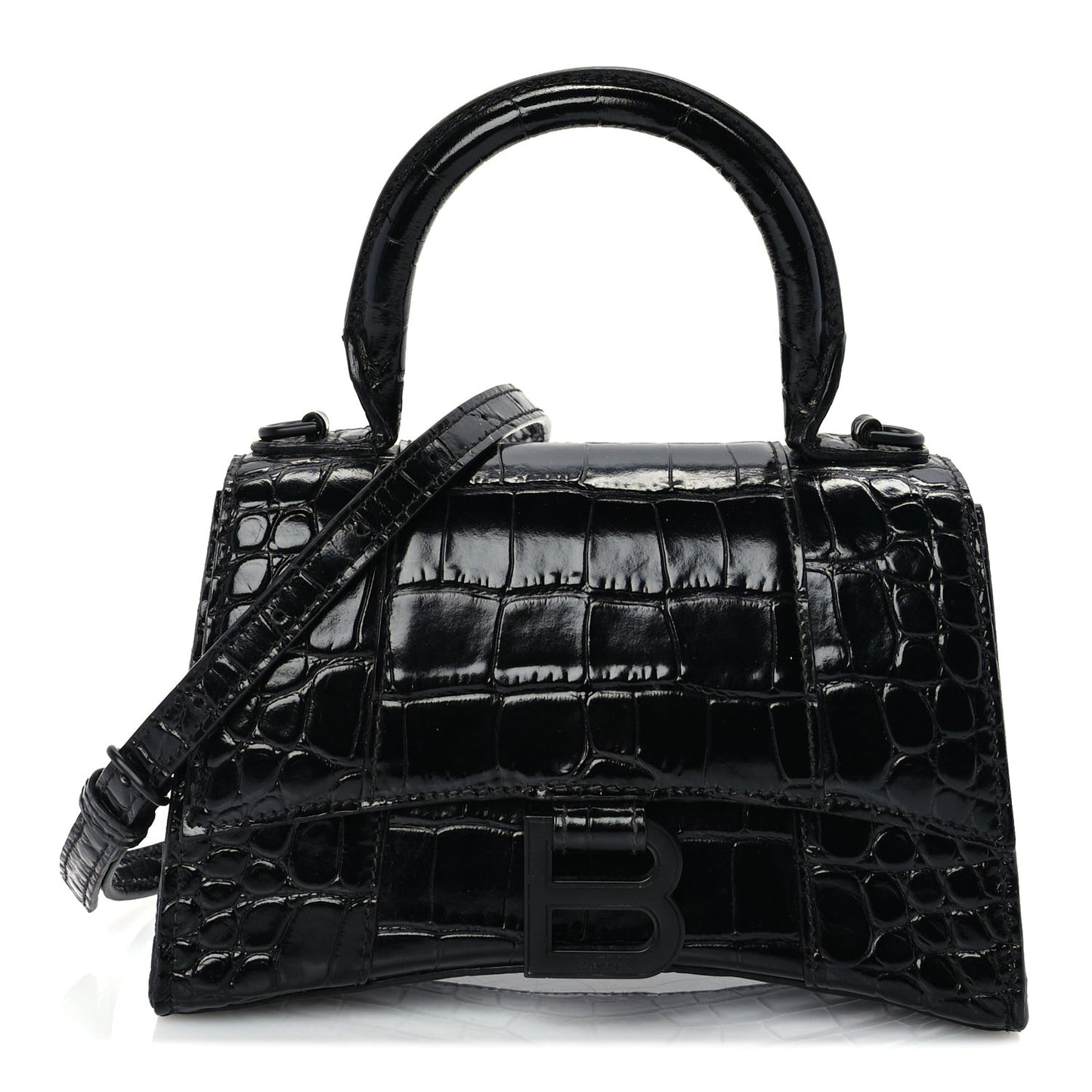 Shiny Calfskin Monochrome Crocodile Embossed Hourglass Top Handle Bag XS Black