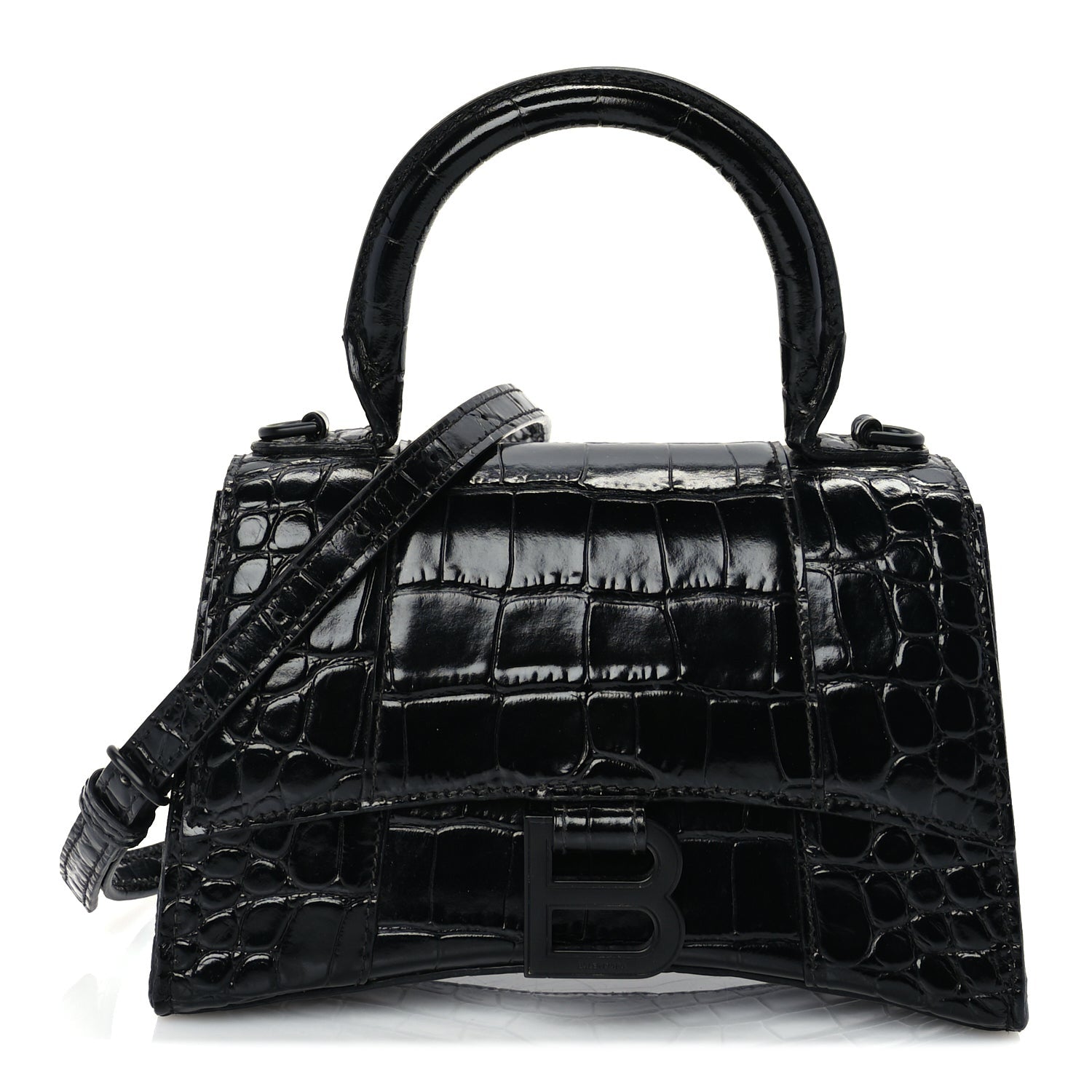 Balenciaga Shiny Calfskin Monochrome Crocodile Embossed Hourglass Top Handle Bag XS Black 1 of 8
