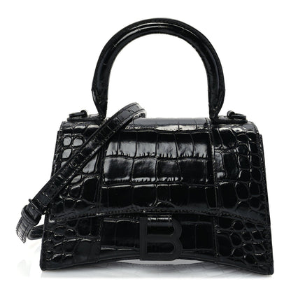 Balenciaga Shiny Calfskin Monochrome Crocodile Embossed Hourglass Top Handle Bag XS Black 1 of 8