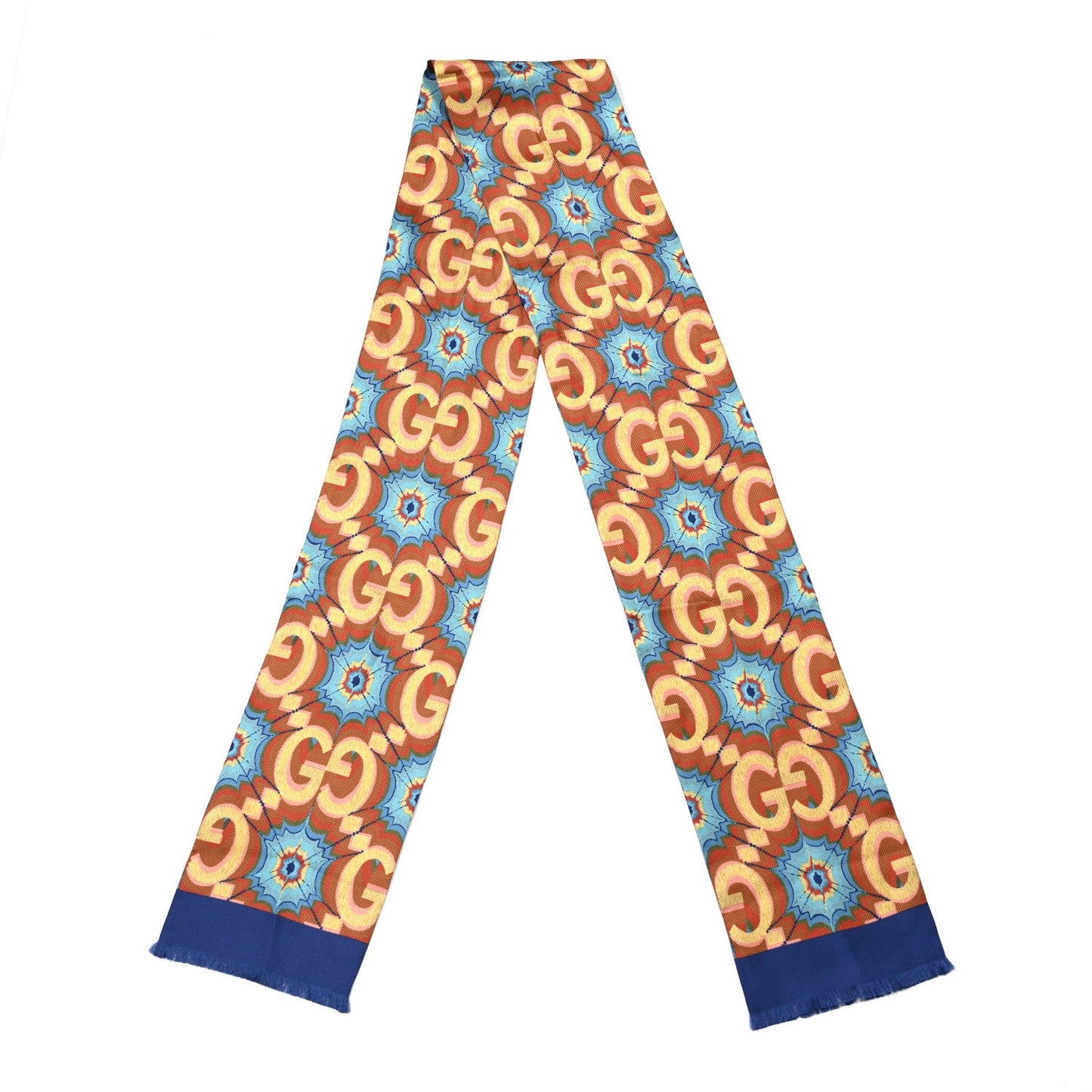 Silk Monogram Kaleidoscope 100 Fringe Scarf Blue Orange Multicolor