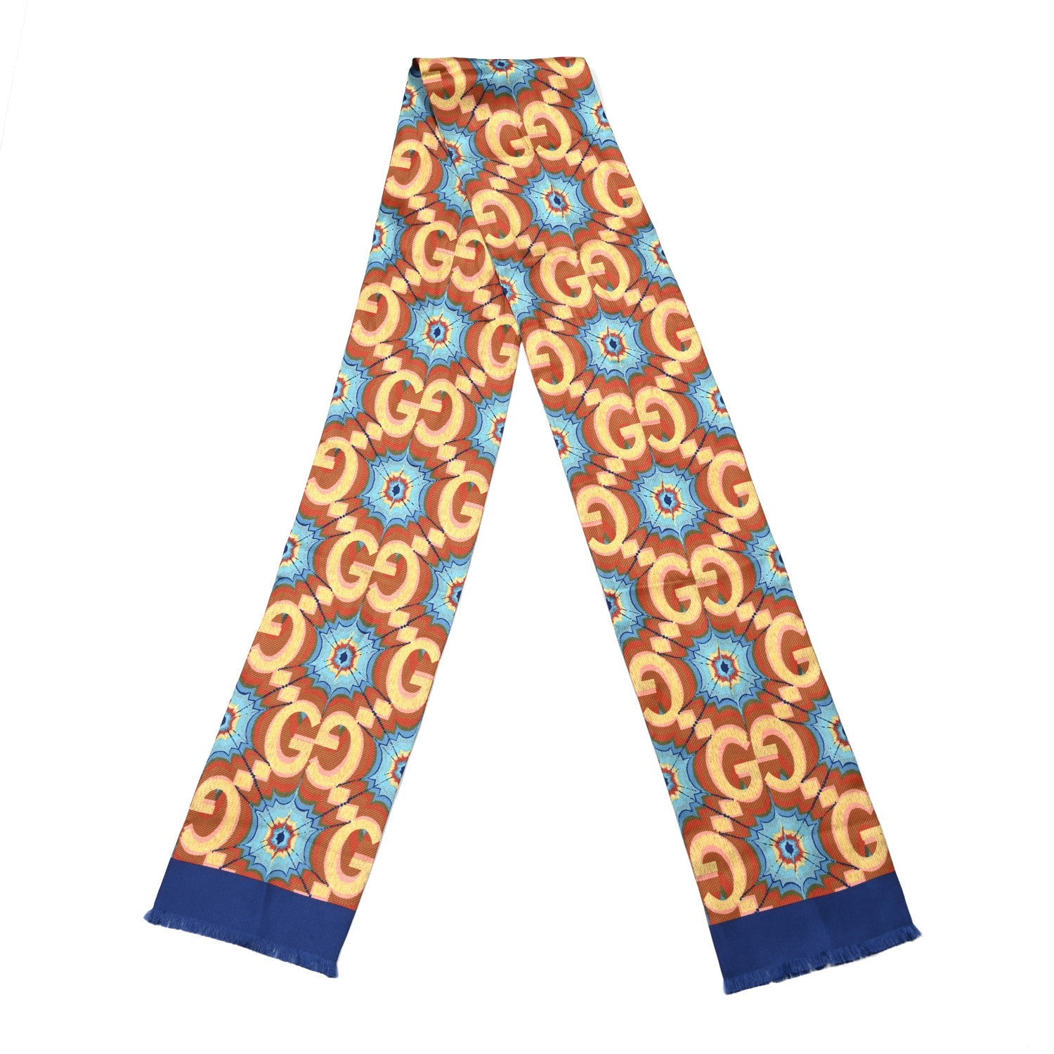 Gucci Silk Monogram Kaleidoscope 100 Fringe Scarf Blue Orange Multicolor 2 of 3
