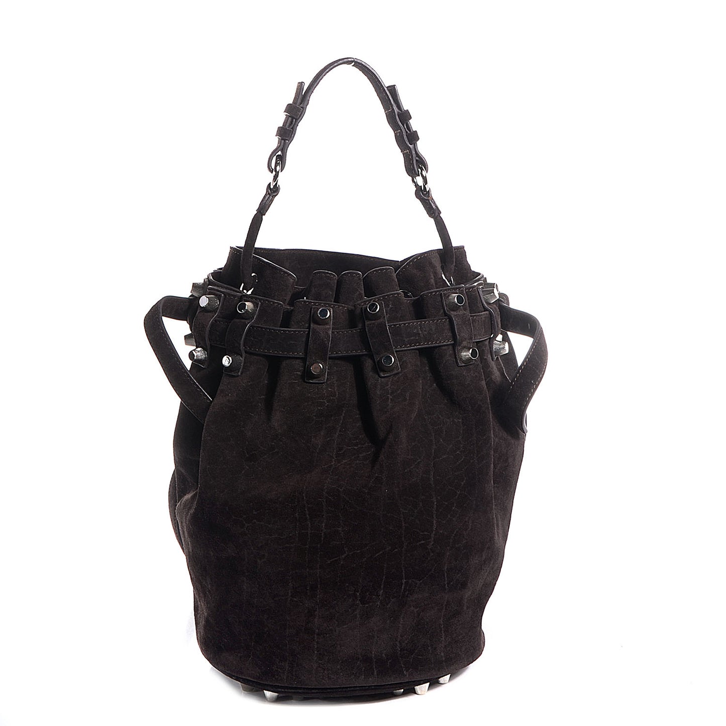 Suede Diego Bucket Bag Dark Brown w Nickel Hardware
