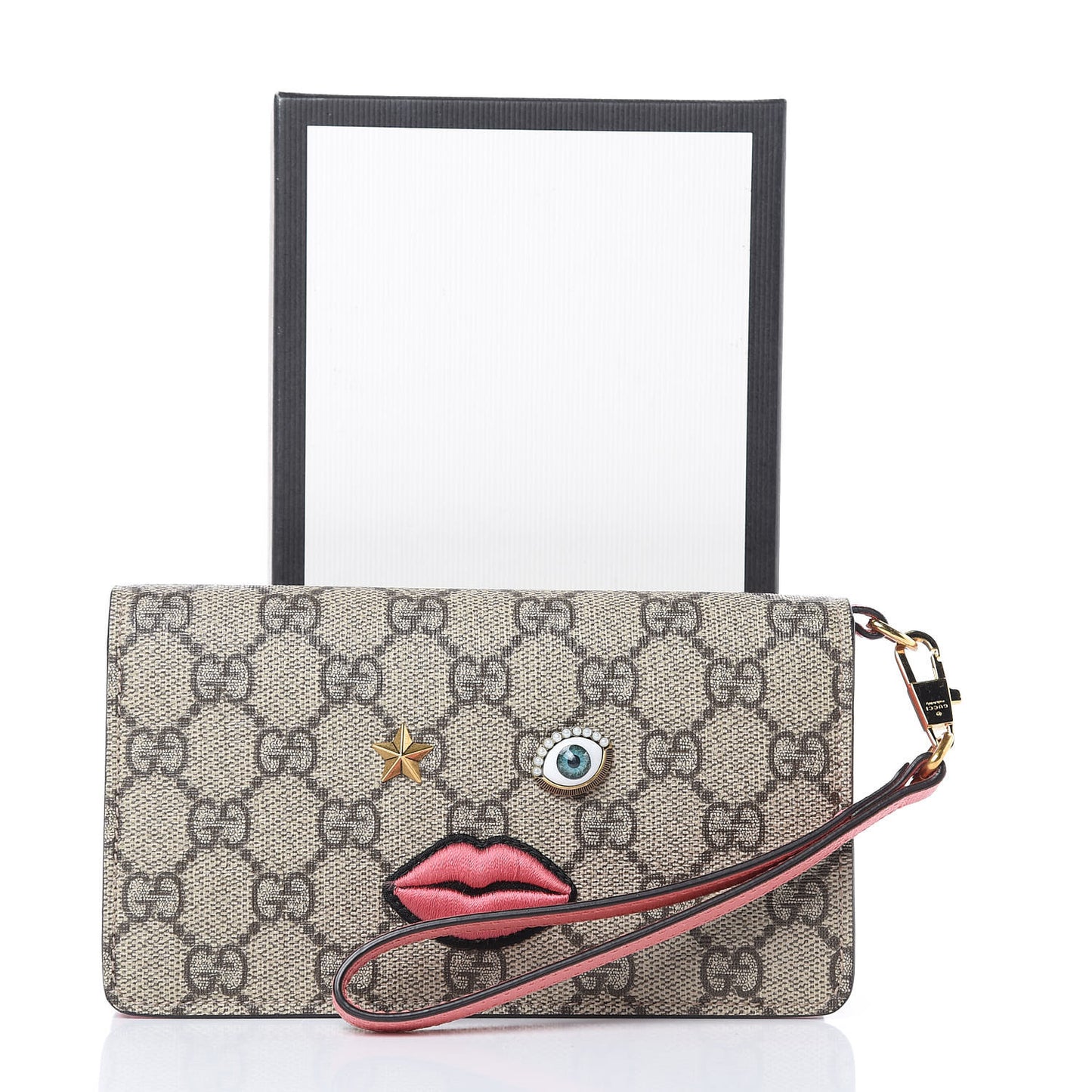 GG Supreme Monogram Embroidered Face iPhone 6 Case Wristlet Pink