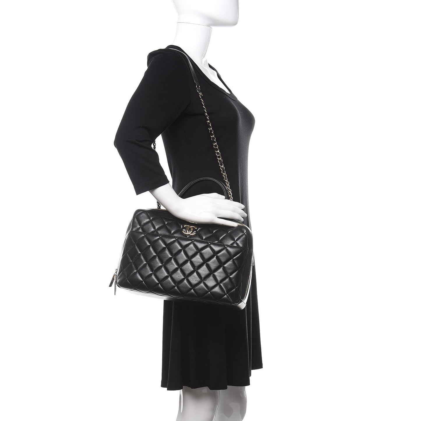 Lambskin Quilted Large Trendy CC Bowling Bag Black