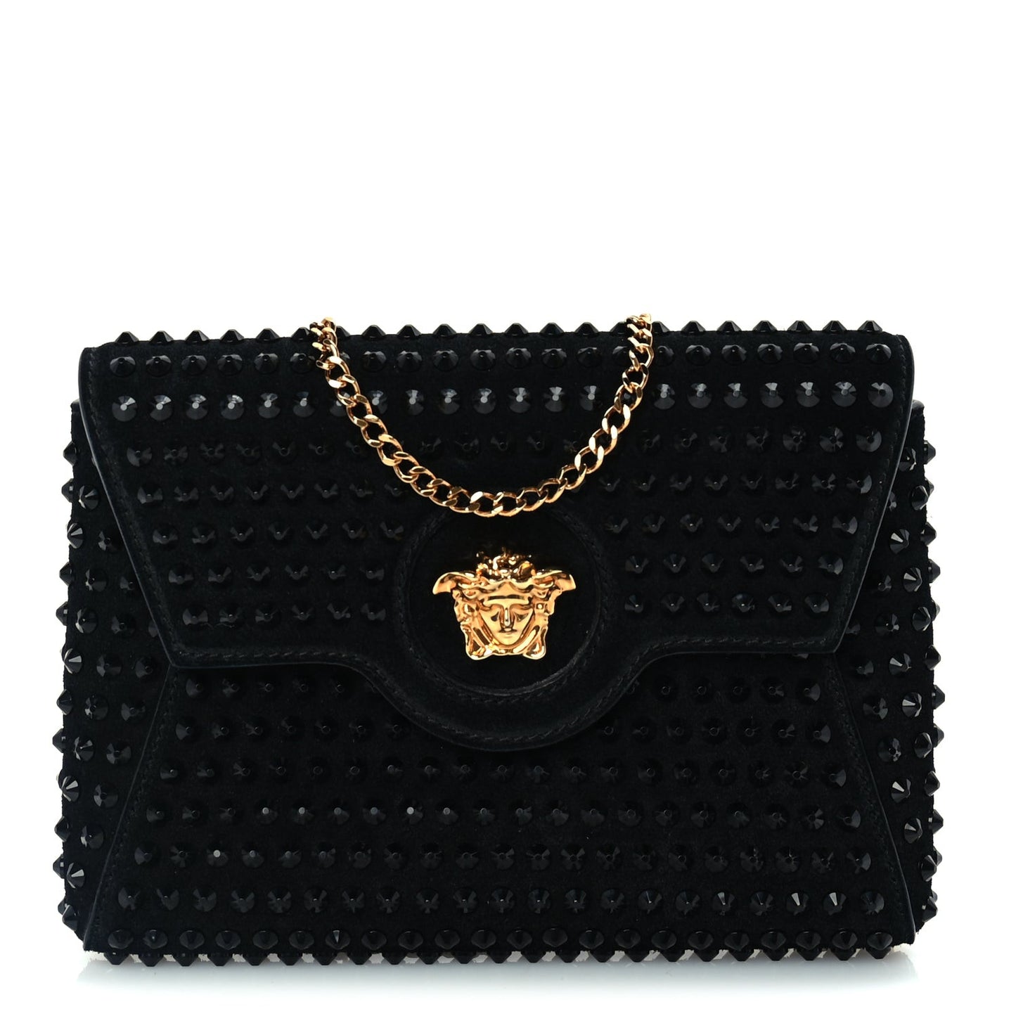 Suede Studded Medusa Chain Clutch Black