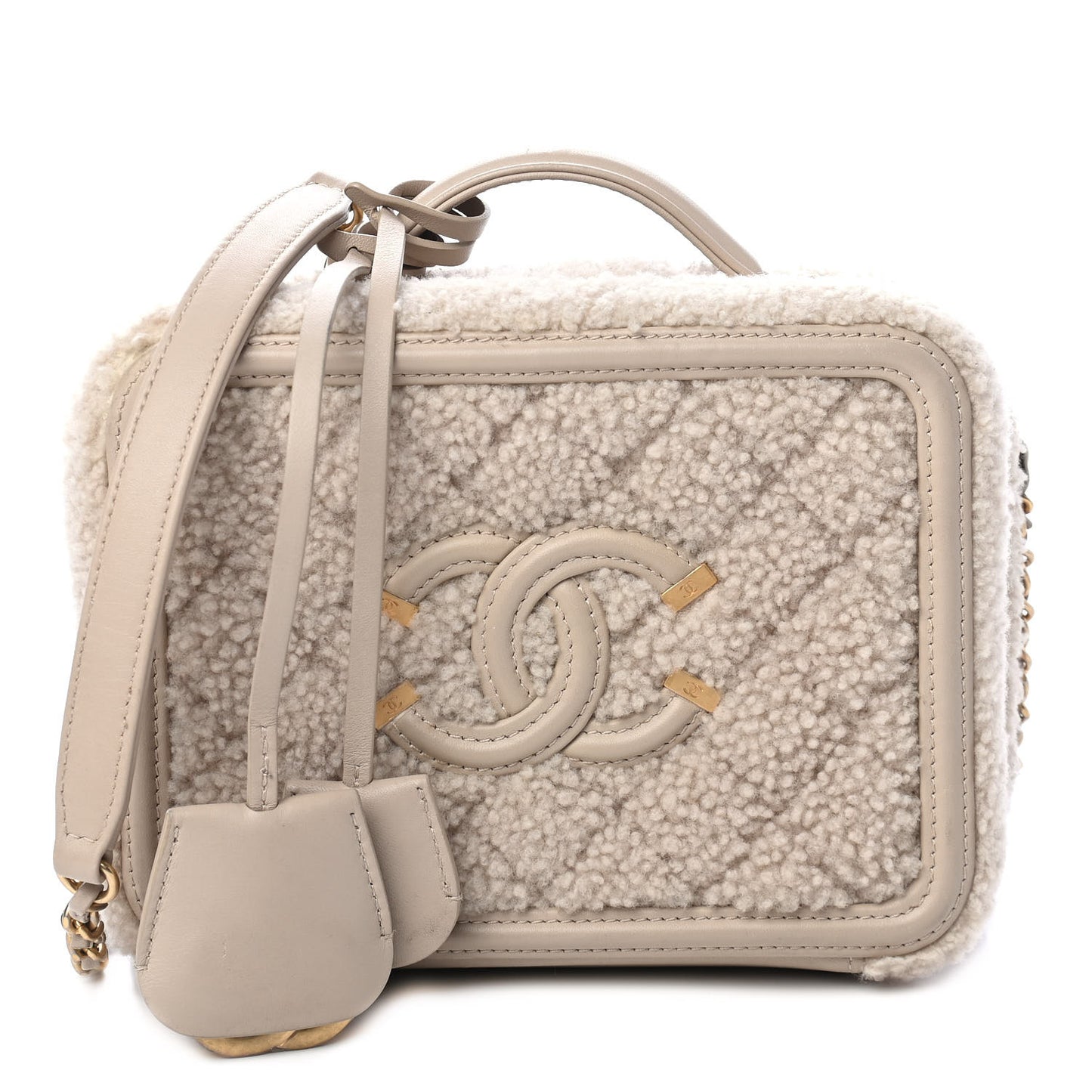 Shearling Lambskin Quilted Small CC Filigree Vanity Case Beige