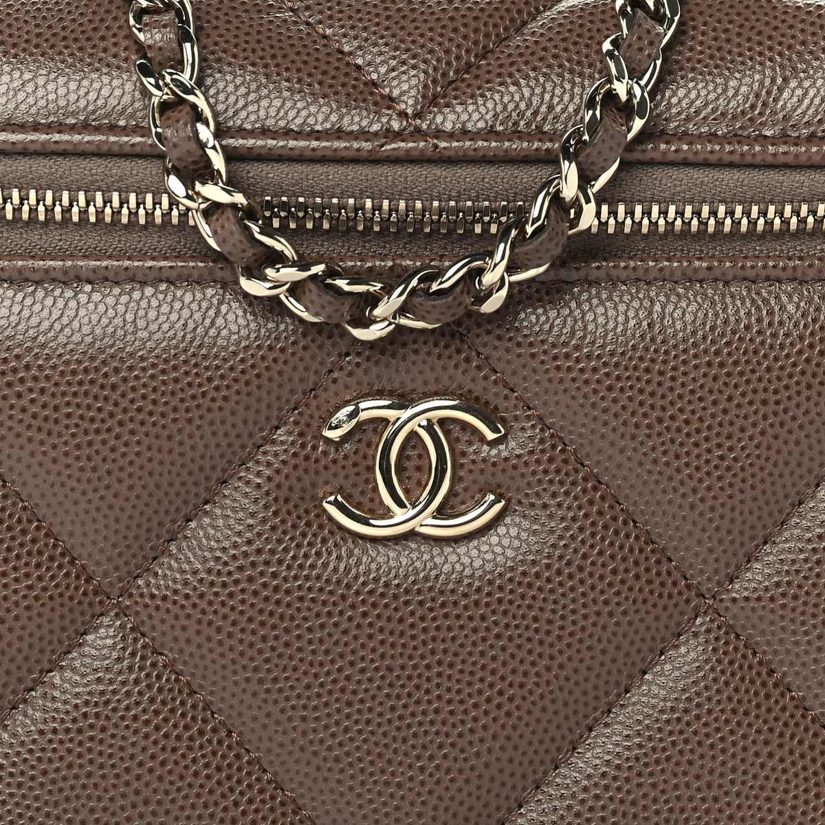 Caviar Quilted Top Handle Slim Vanity With Chain  Light Brown