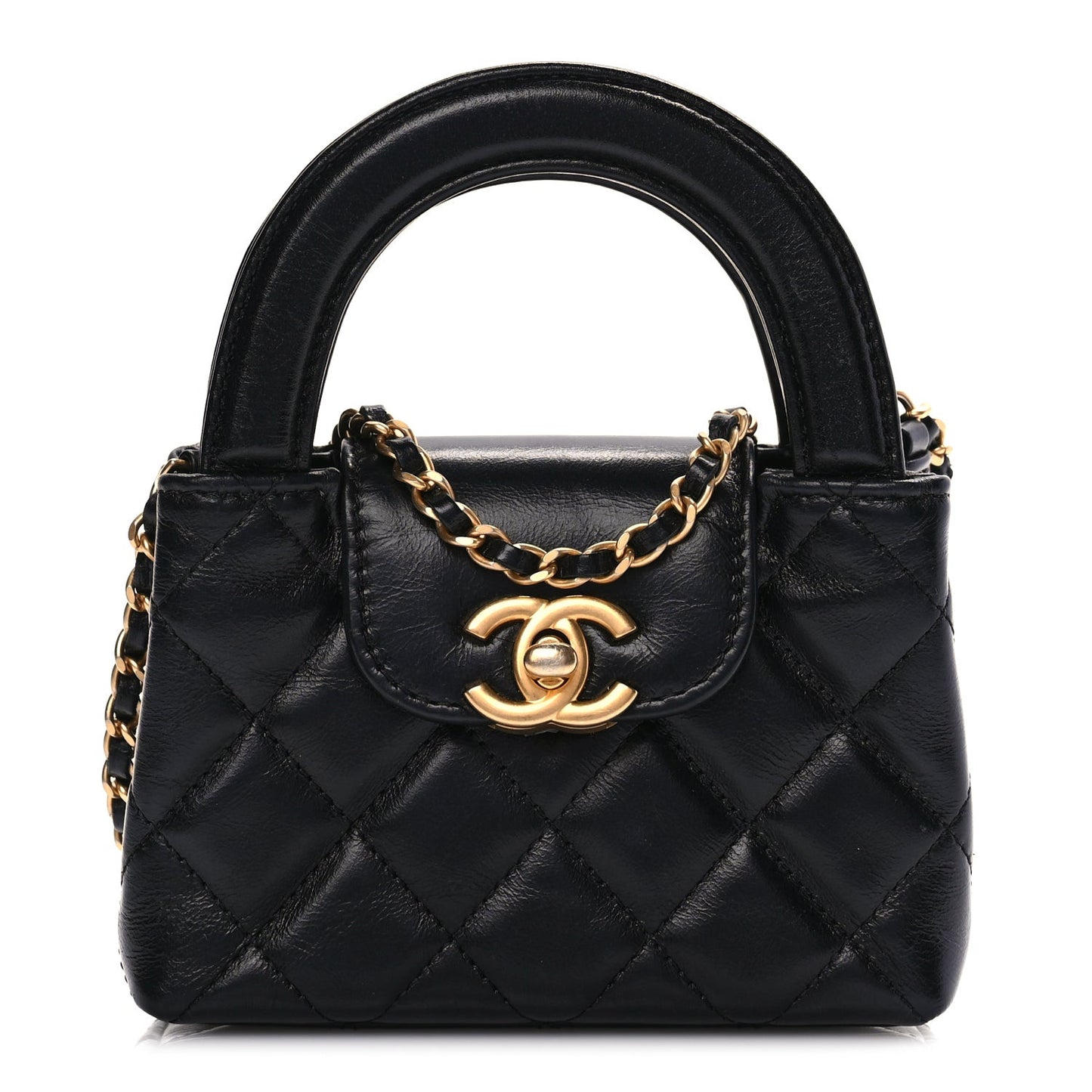 Shiny Aged Calfskin Quilted Mini Nano Kelly Shopper Black