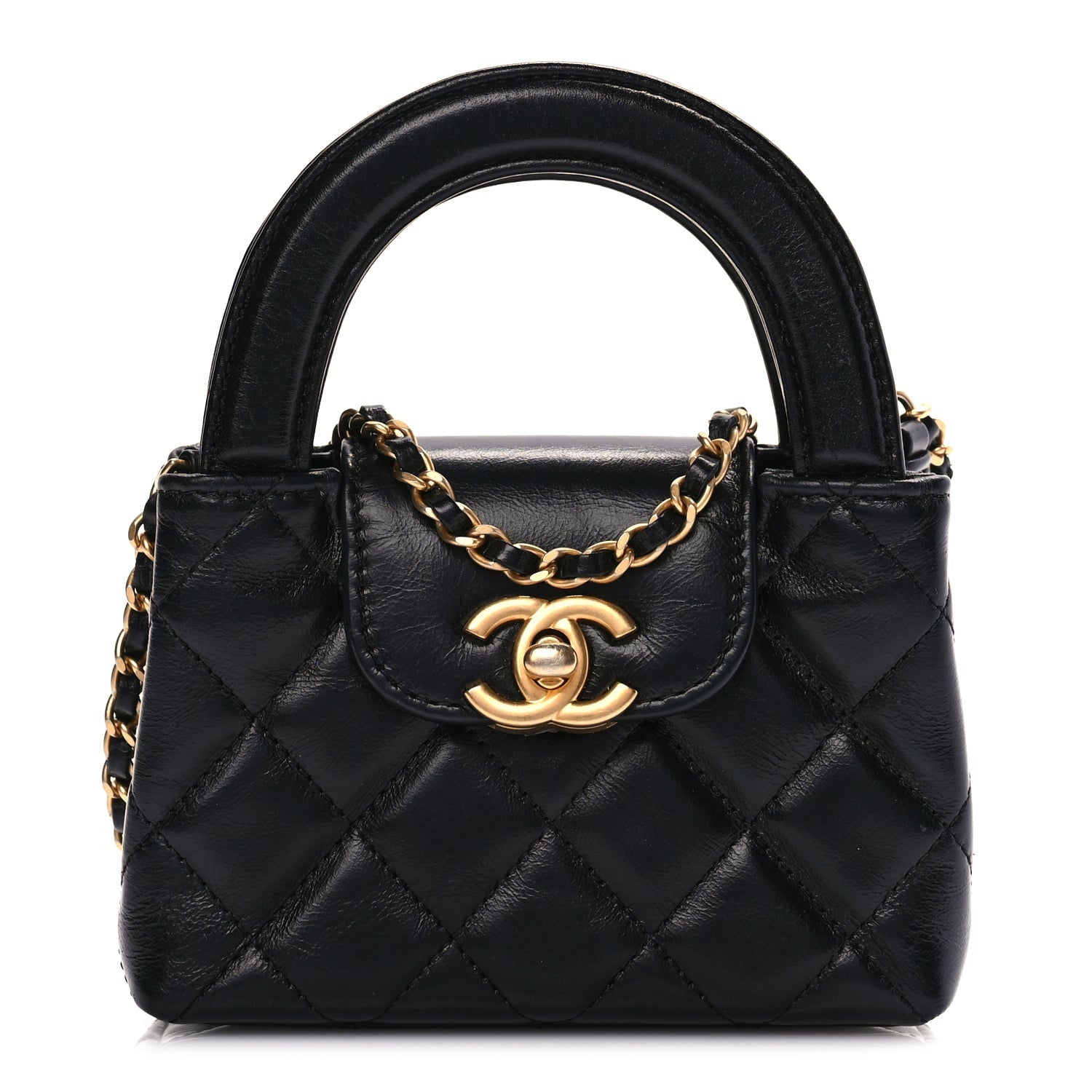 Chanel Shiny Aged Calfskin Quilted Mini Nano Kelly Shopper Black 1 of 9