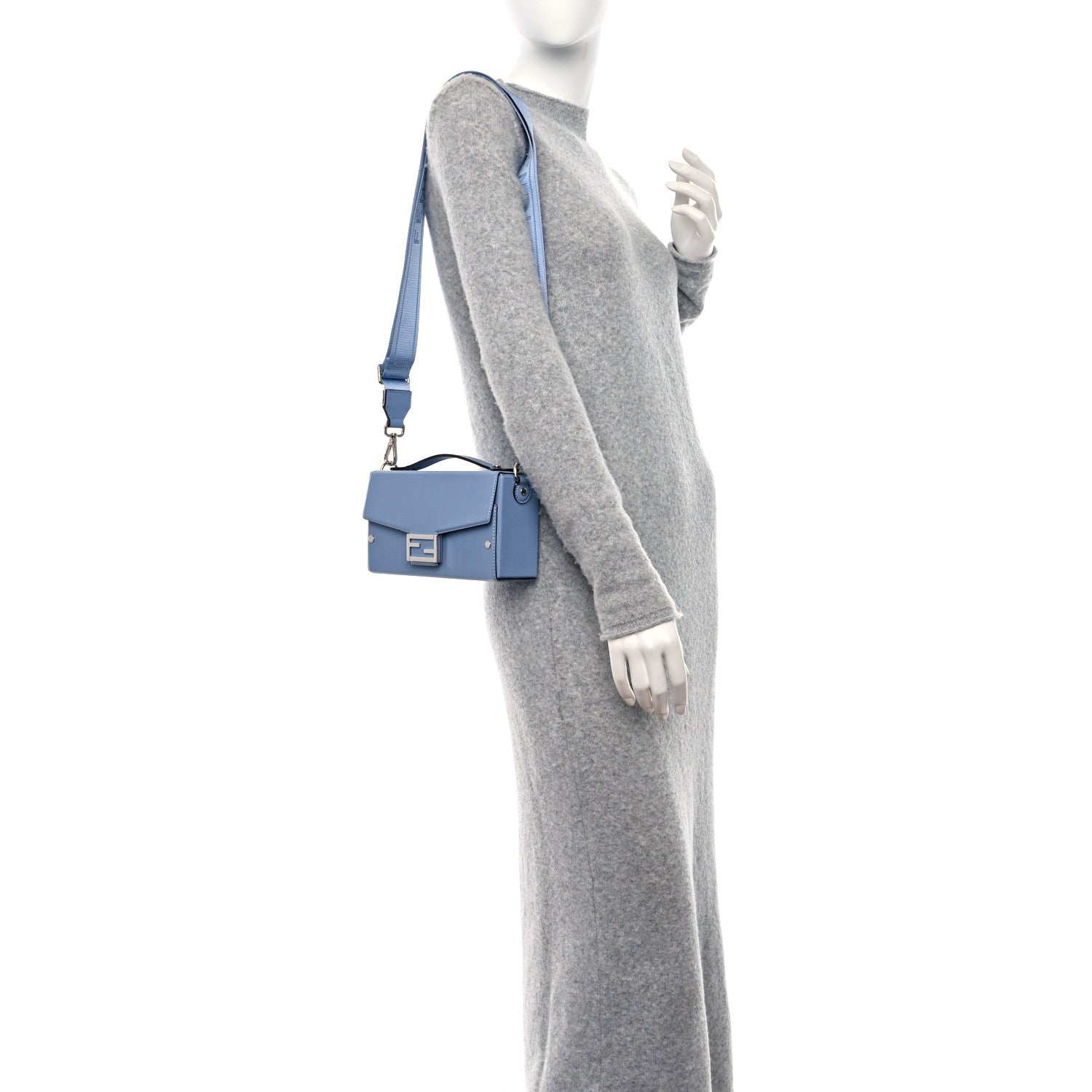 Fendi Vitello King FF Lines Embossed Baguette Soft Trunk Light Blue 3 of 8