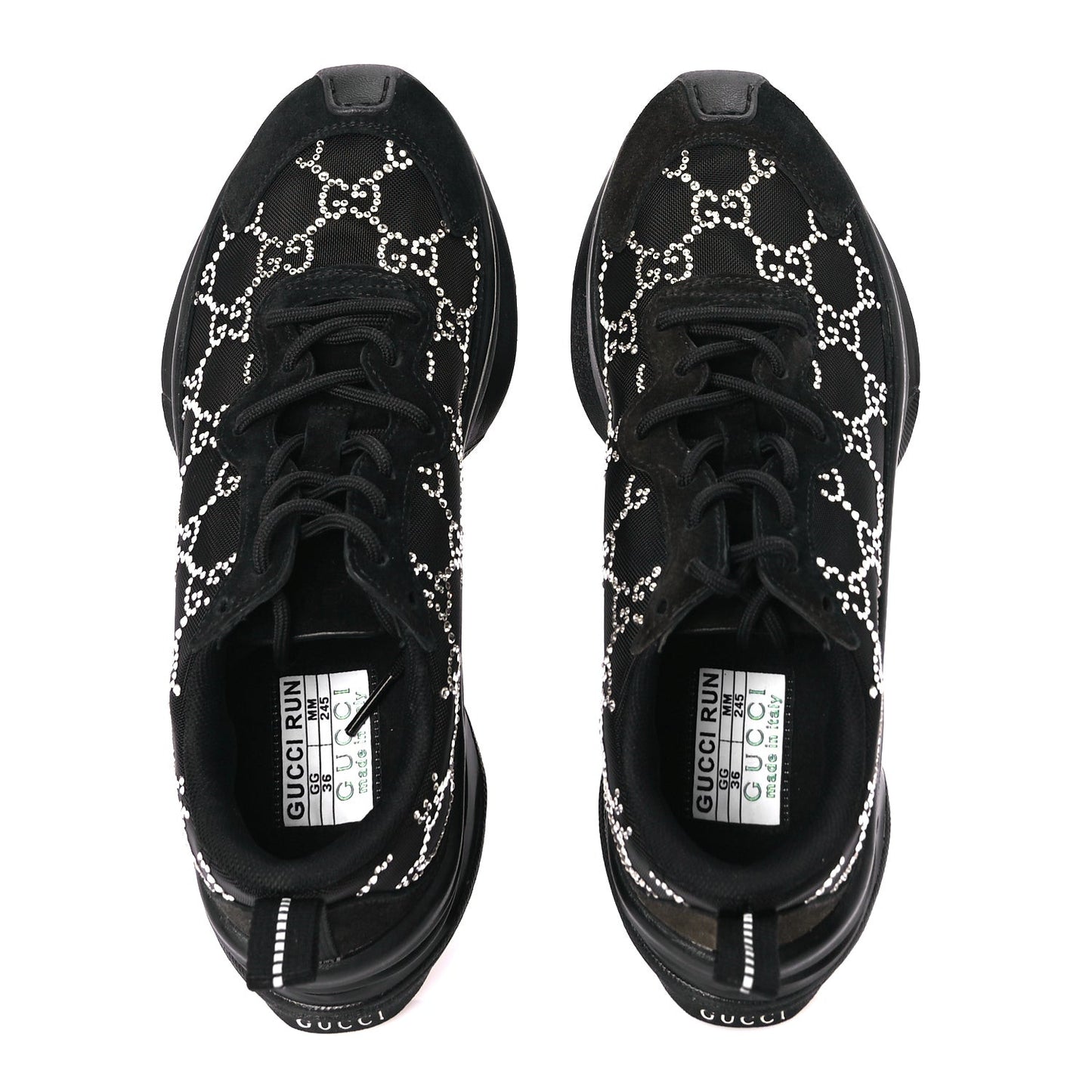 Mesh Crystal Suede GG Monogram Womens  Run Sneakers 36 Black Silver