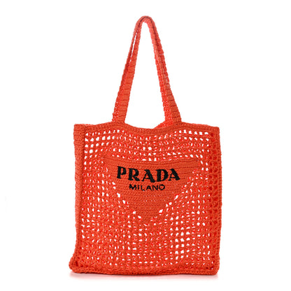 Prada Yarn Raffia Effect Crochet Logo Embroidered Tote Bag Arancio 1 of 9