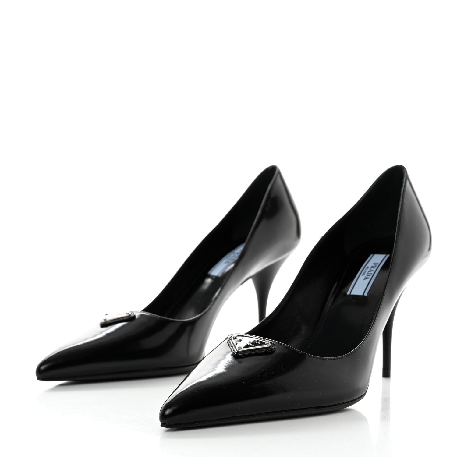 Prada Spazzolato Metal Triangle Logo Pointed Toe Pumps 37 Black 3 of 7