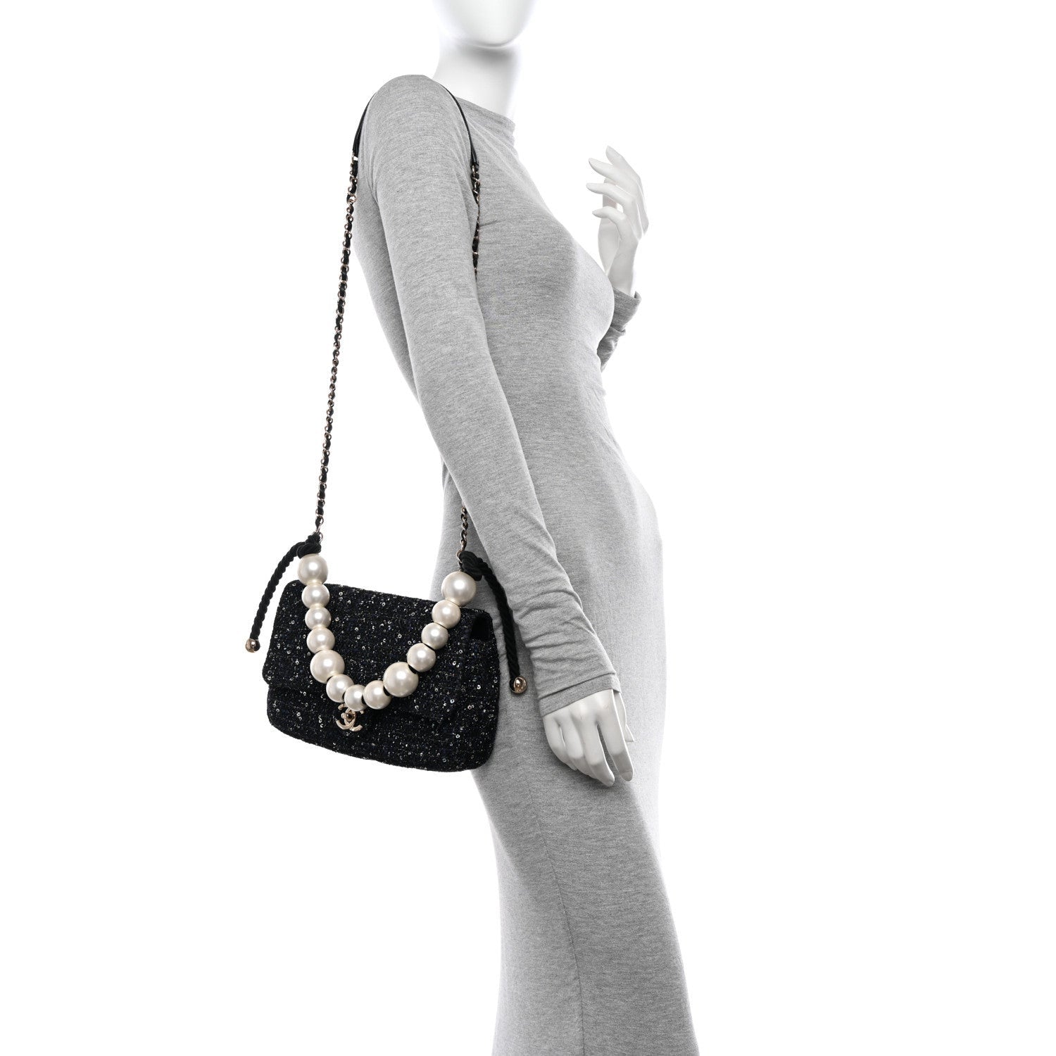 Chanel Tweed Medium Pearl Handle Flap Black Ecru 2 of 7