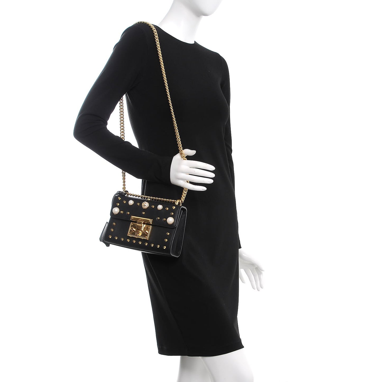 Calfskin Studded Small Padlock Shoulder Bag Black