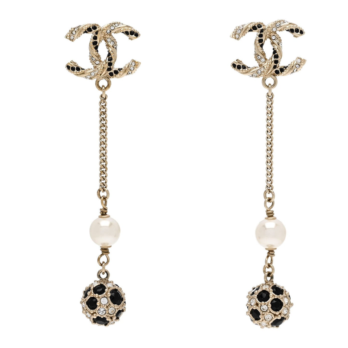 Crystal Pearl CC Ball Chain Drop Earrings Gold Black