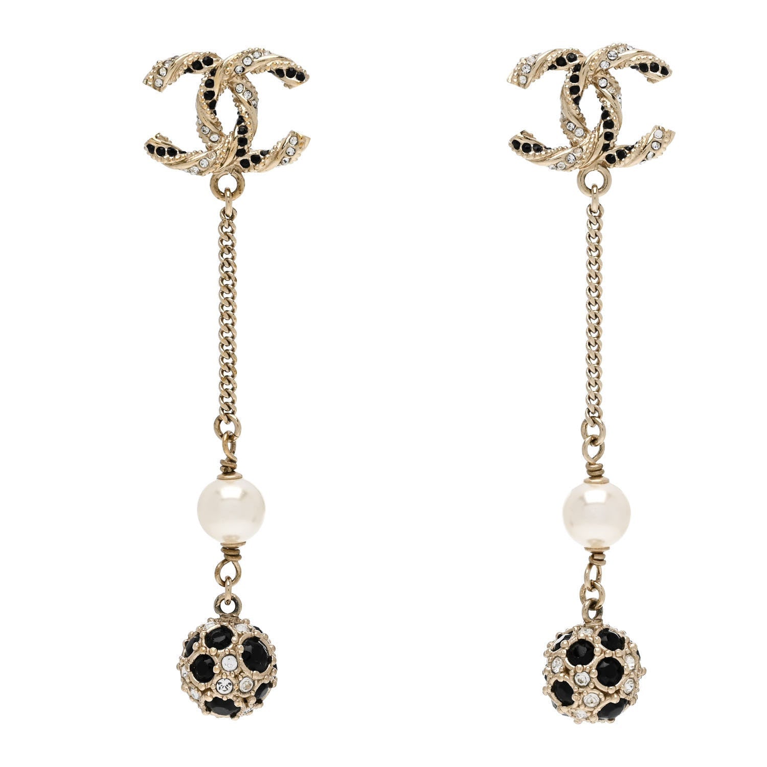 Chanel Crystal Pearl CC Ball Chain Drop Earrings Gold Black 1 of 4