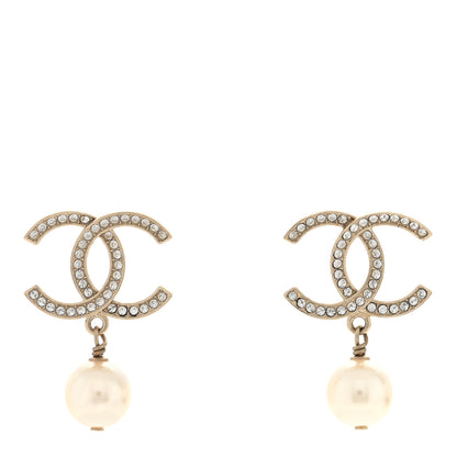 Chanel Pearl Crystal CC Drop Earrings Gold 1 of 5