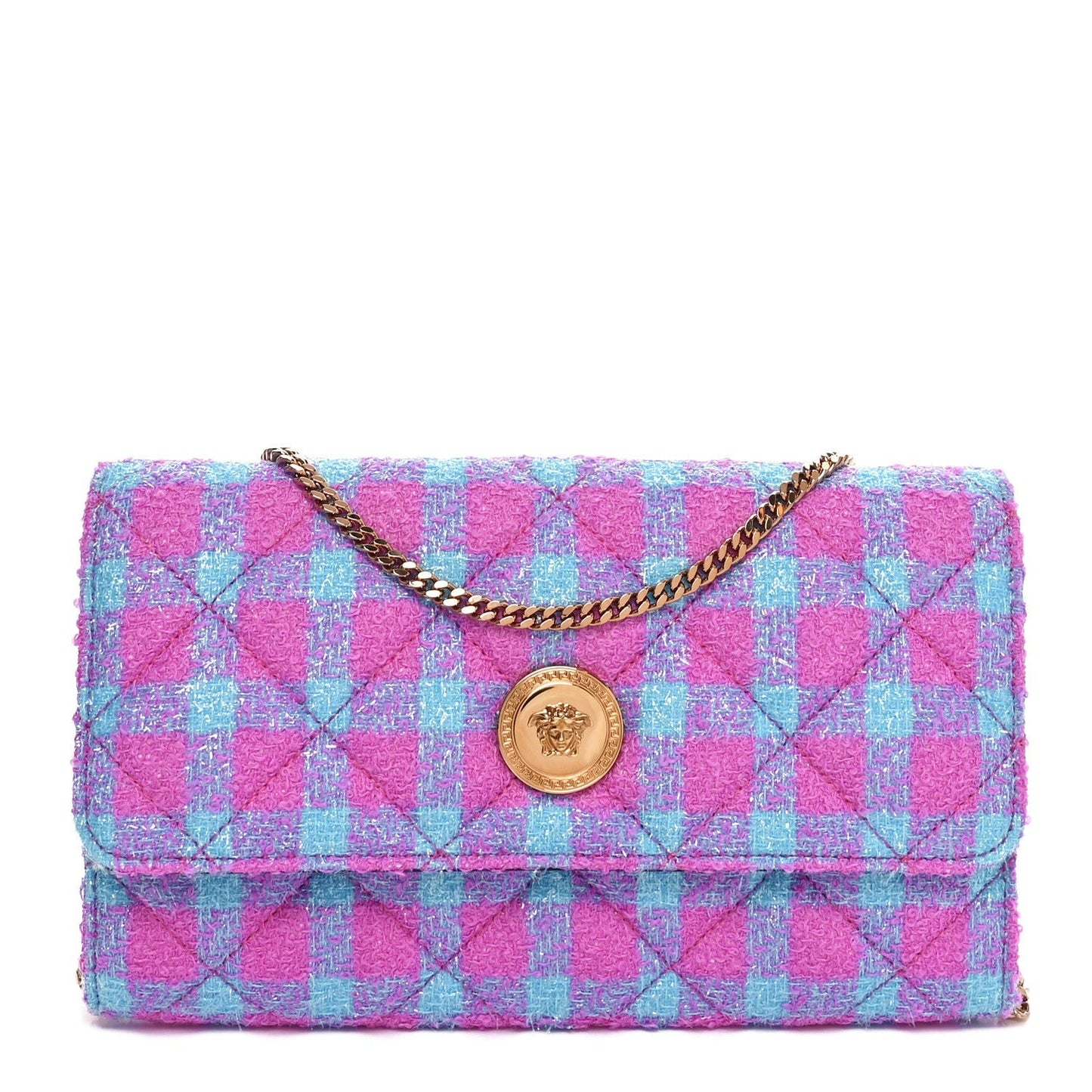 Tweed Quilted Medusa Wallet on Chain Crossbody Pink Blue