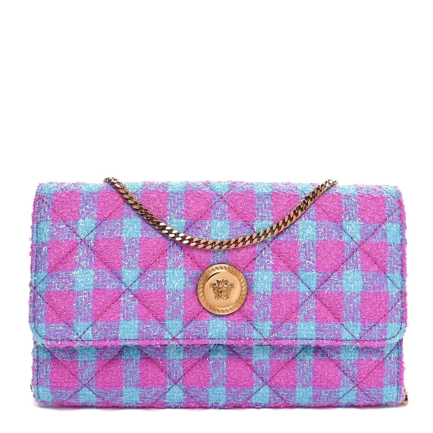 Versace Tweed Quilted Medusa Wallet on Chain Crossbody Pink Blue 1 of 7