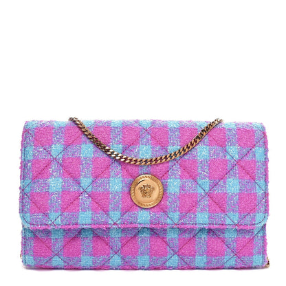 Versace Tweed Quilted Medusa Wallet on Chain Crossbody Pink Blue 1 of 7