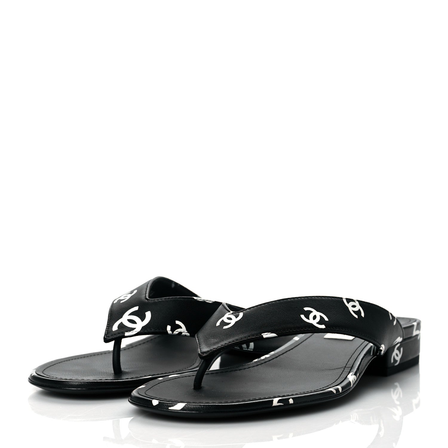 Chanel Lambskin Printed CC Thong Sandals 38.5 Black White 3 of 9