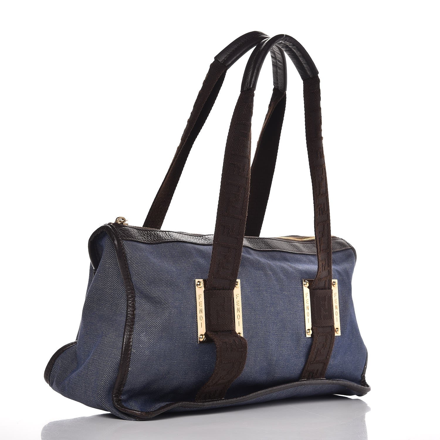 Fendi Denim Zip Top Tote Blue Brown 3 of 8