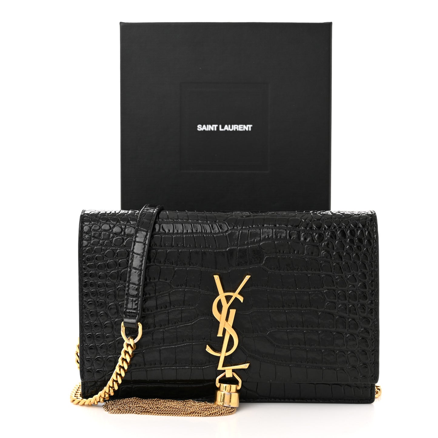 Calfskin Crocodile Embossed Kate Monogram Tassel Chain Wallet Black
