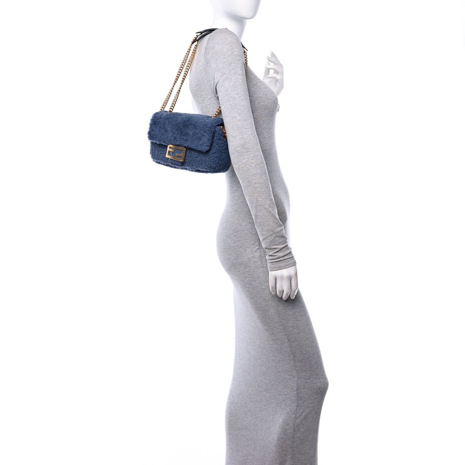 Fendi Shearling FF Midi Chain Baguette Mirto 3 of 10