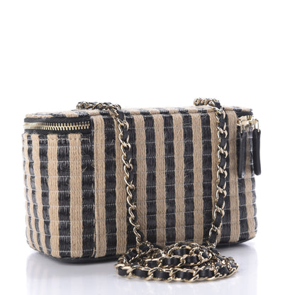 Chanel Raffia Jute Striped Small Vanity Case With Chain Black Beige 3 of 9
