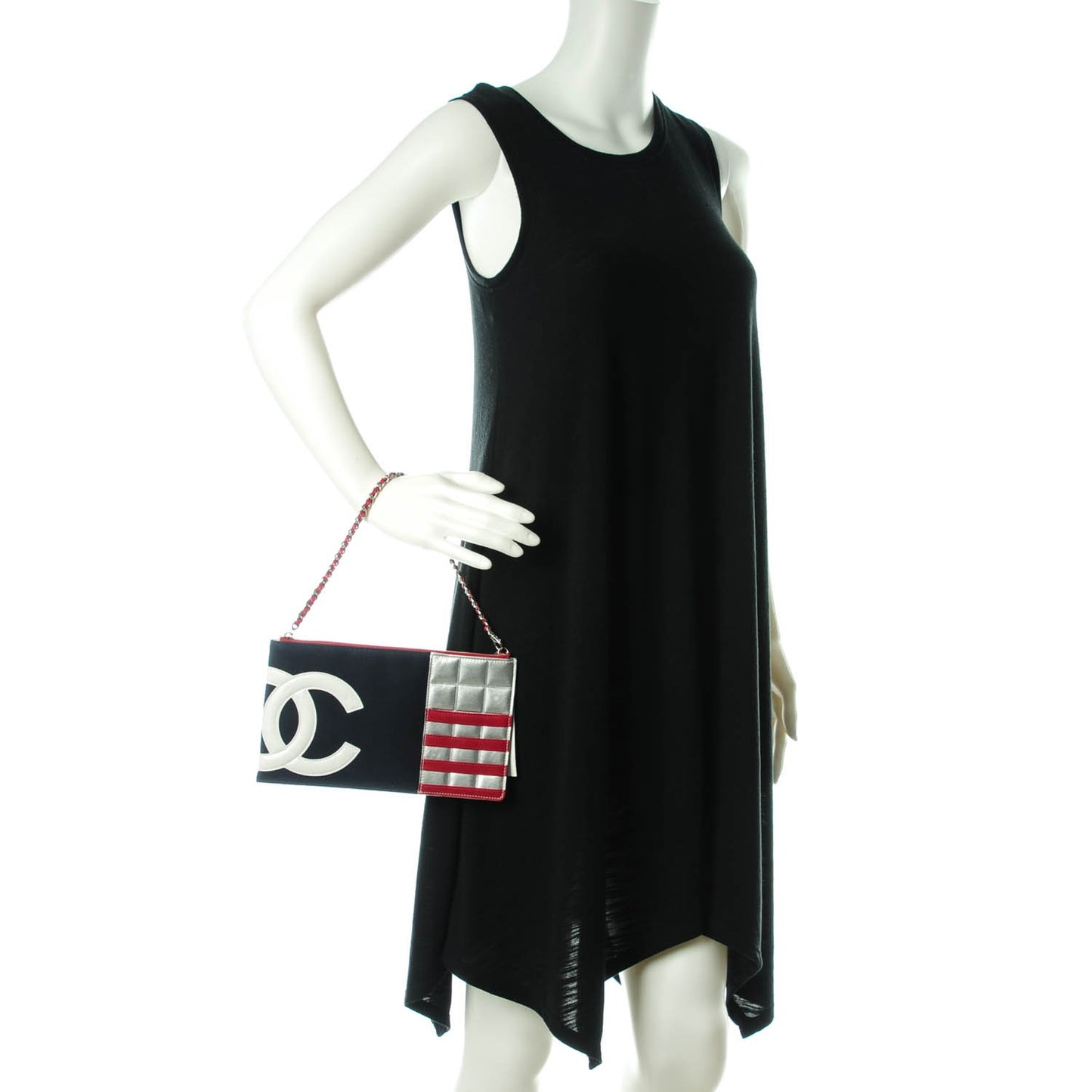 Canvas Metallic Lambskin Quilted Flag CC Pochette Dark Navy Blue