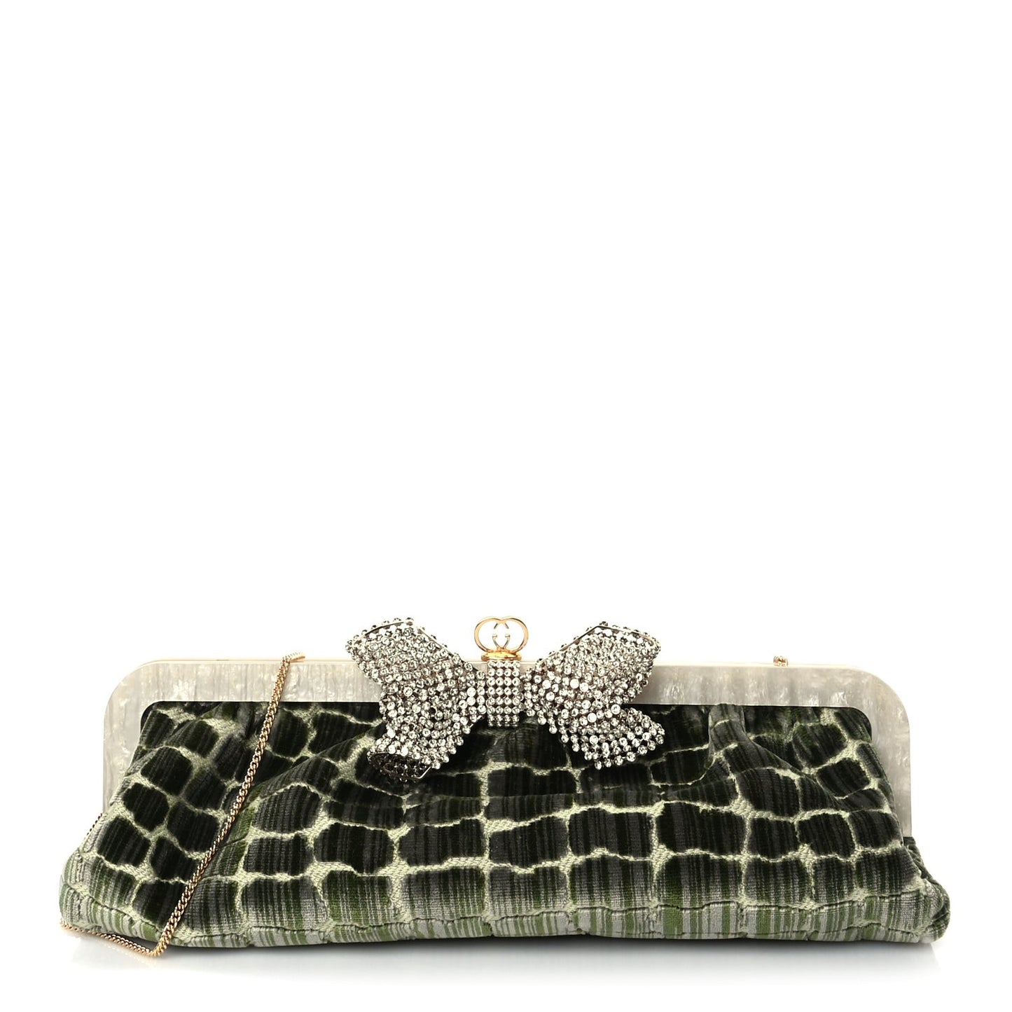 Velvet Crocodile Mother of Pearl Jacquard Crystal Bow Clutch Green