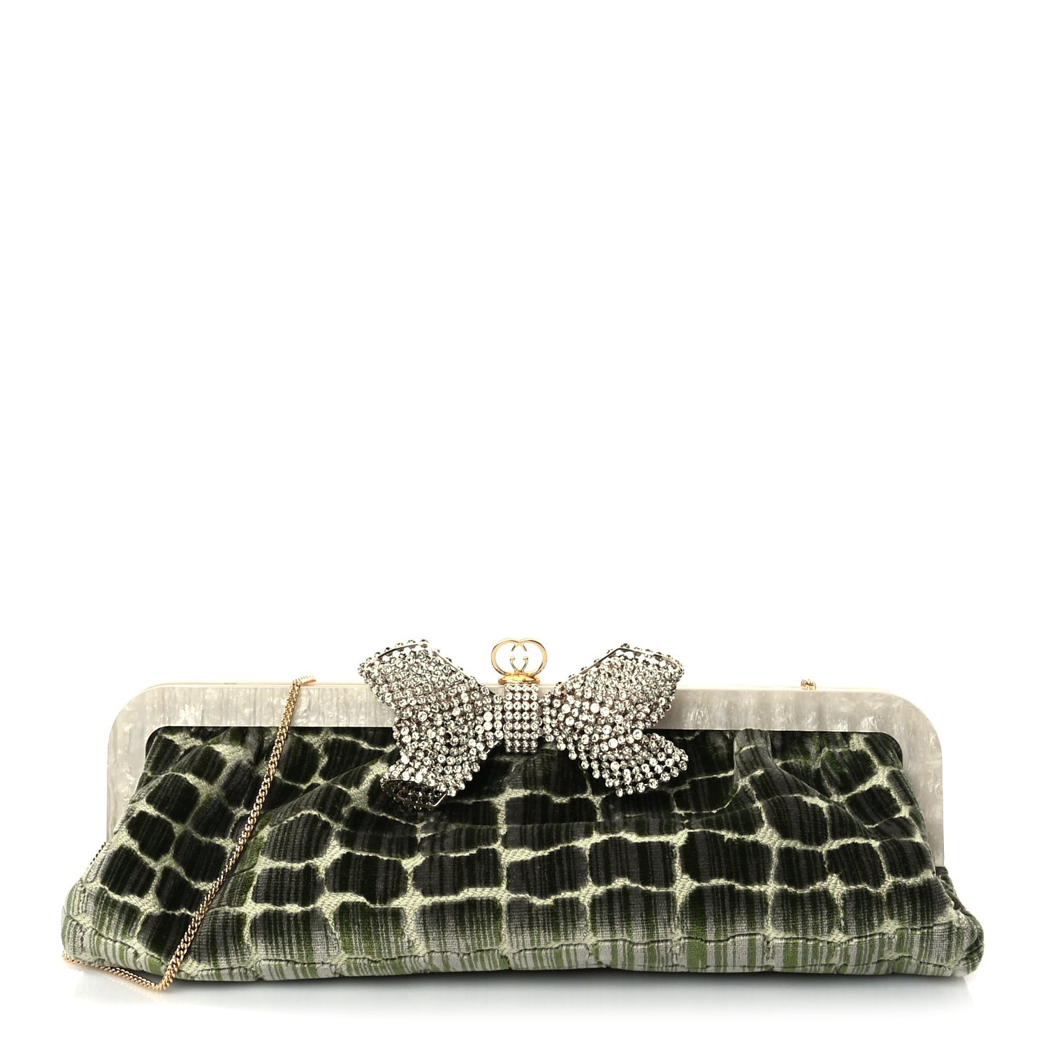 Gucci Velvet Crocodile Mother of Pearl Jacquard Crystal Bow Clutch Green 1 of 9